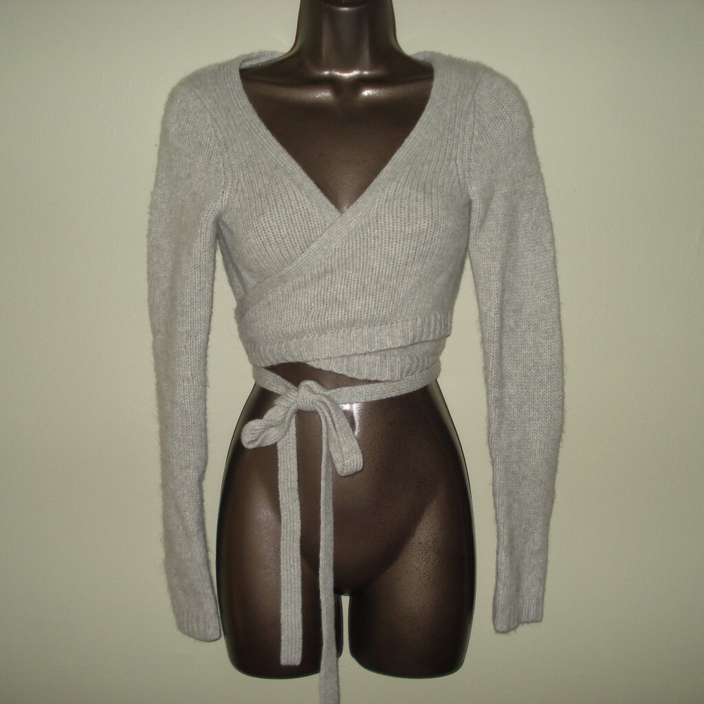 Theory Cashmere Crop Wrap Around Ballet Tie Sweater- Heather Gray- Size Small